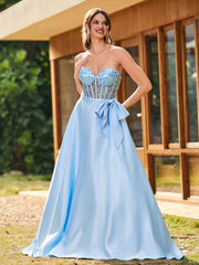 Strapless Sequin Corset Satin Maxi Dresses Sky Blue
