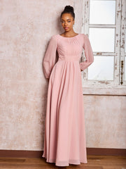 Bateau Neck Long Sleeves Ruched A-line Chiffon Dresses Dusty Rose
