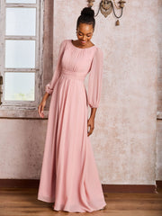 Bateau Neck Long Sleeves Ruched A-line Chiffon Dresses Dusty Rose