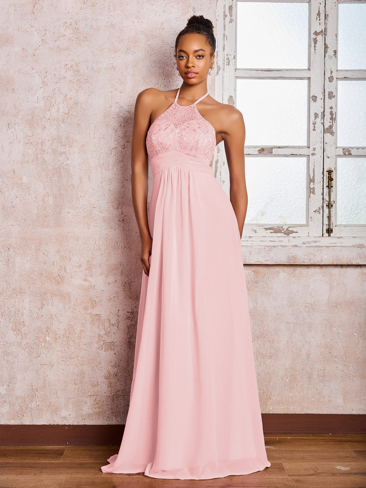 Halter Lace Top Sleeveless Chiffon Long Gowns Blushing Pink