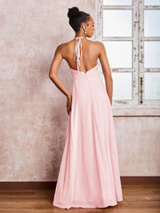 Halter Lace Top Sleeveless Chiffon Long Gowns Blushing Pink