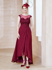 Illusion Lace Neckline Asymmetrical A-Line Dress Burgundy