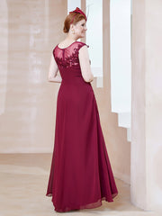 Illusion Lace Neckline Asymmetrical A-Line Dress Burgundy