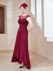 Illusion Lace Neckline Asymmetrical A-Line Dress Burgundy