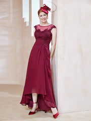 Illusion Lace Neckline Asymmetrical A-Line Dress Burgundy