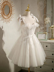 Double Straps Short Ivory Lace Prom Dresses, Short Ivory Lace Formal Graduation Dresses