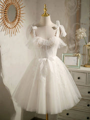 Double Straps Short Ivory Lace Prom Dresses, Short Ivory Lace Formal Graduation Dresses