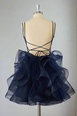 Double Straps Navy Sequin Ruffle Tiered Homecoming Dress