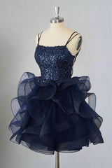 Double Straps Navy Sequin Ruffle Tiered Homecoming Dress