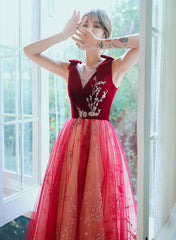 Red A-line Velvet Tulle with Lace Long Party Dress, Red V-neckline Prom Dress