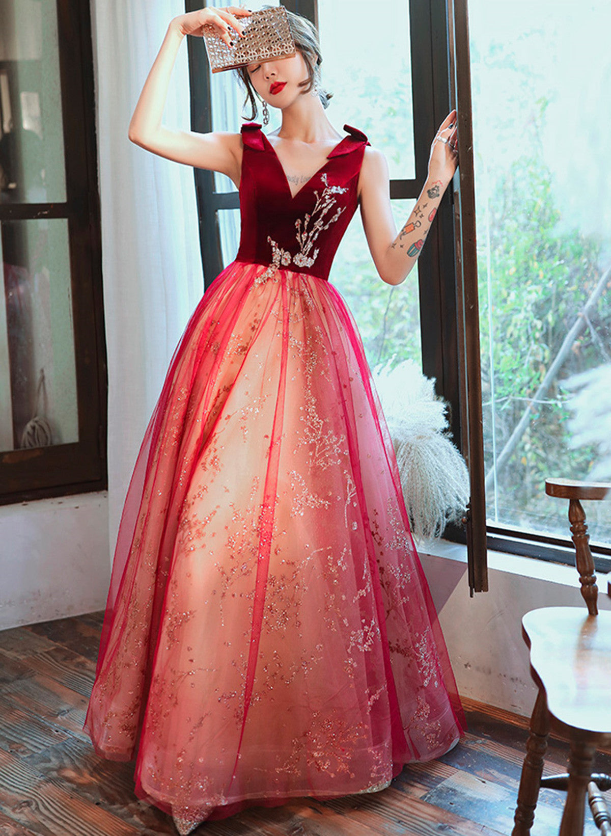 Red A-line Velvet Tulle with Lace Long Party Dress, Red V-neckline Prom Dress