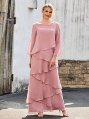 Long Sleeve Chiffon Dress with Cascading Ruffles Dusty Rose