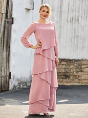 Long Sleeve Chiffon Dress with Cascading Ruffles Dusty Rose