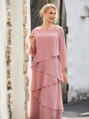 Long Sleeve Chiffon Dress with Cascading Ruffles Dusty Rose