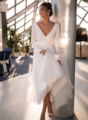 Dress For Wedding A-Line/Princess V-Neck Tea-Length Long Sleeves Wedding Dress Formal Women's Dresses