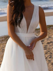 Dress For Wedding A-Line/Princess Deep V-Neck Sleeveless Floor-Length Tulle Wedding Dress Formal Women's Dresses