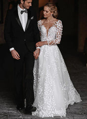 Dress For Wedding A-Line/Princess V-Neck Floor-length Wedding Dress Long Sleeves Backless Wedding Dress Formal Women's Dresses