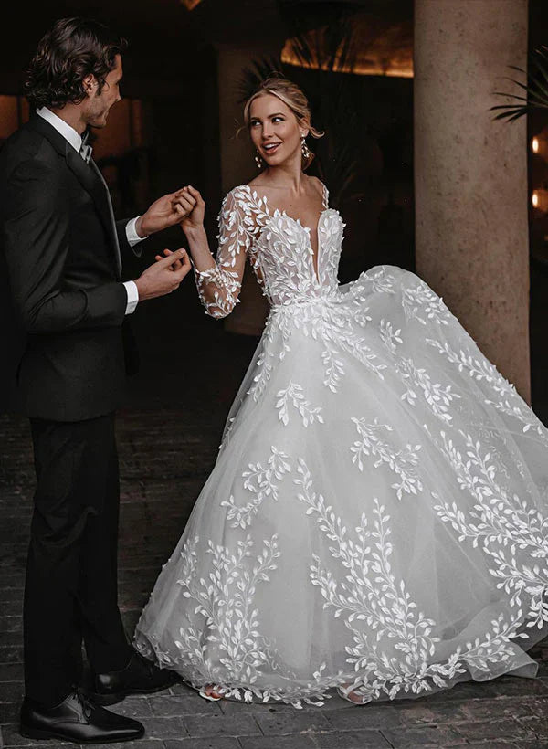 Dress For Wedding A-Line/Princess V-Neck Floor-length Wedding Dress Long Sleeves Backless Wedding Dress Formal Women's Dresses