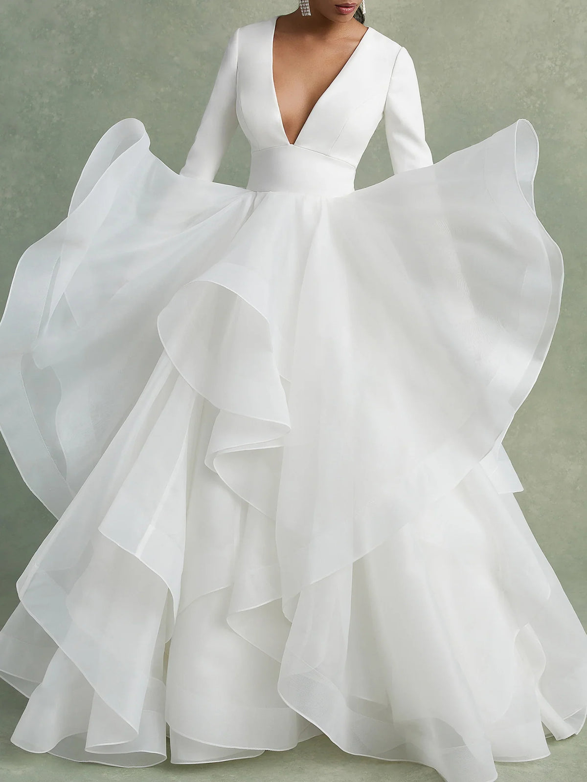 Dress For Wedding A-Line/Princess V-Neck Long Sleeves Floor-Length Ball-Gown Wedding Dress With Ruffles Formal Women's Dresses