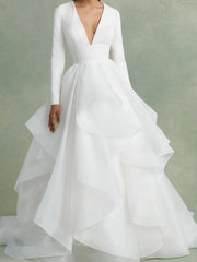 Dress For Wedding A-Line/Princess V-Neck Long Sleeves Floor-Length Ball-Gown Wedding Dress With Ruffles Formal Women's Dresses