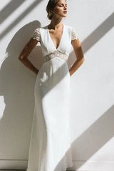 Dress For Wedding Casual V-neck Sheath Empire Floor-length Sweep Train Short Sleeve Wedding Dress With Lace / Dress For Formal