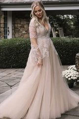 Dress For Wedding Elegant A Line Lace Floor-length Train Long Sleeve Wedding Dress with Appliques / Dress For Formal