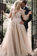 Dress For Wedding Elegant A Line Lace Floor-length Train Long Sleeve Wedding Dress with Appliques / Dress For Formal