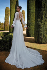 Dress For Wedding Ivory Long-sleeved Flared A-line Lace V Neck With Sheer Back Wedding Dress Formal Women's Dresses