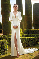 Dress For Wedding Long Slightly Puffed Sleeved V Neck Mermaid Open Back With Front Slit And Train Wedding Dress Formal Women's Dresses
