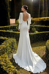 Dress For Wedding Long Slightly Puffed Sleeved V Neck Mermaid Open Back With Front Slit And Train Wedding Dress Formal Women's Dresses