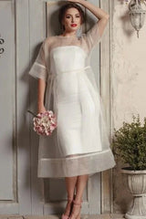 Dress For Wedding Modern A Line Tea-length Half Sleeve Button Wedding Dress / Dress For Formal