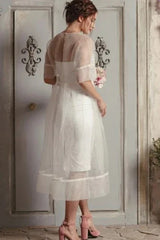 Dress For Wedding Modern A Line Tea-length Half Sleeve Button Wedding Dress / Dress For Formal