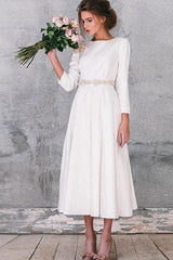 Dress For Wedding Natural Round Neck Long Sleeve Taffeta Weddig Dress / Dress For Formal