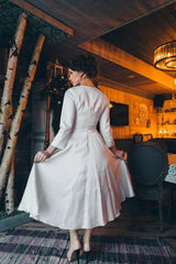Dress For Wedding Natural Round Neck Long Sleeve Taffeta Weddig Dress / Dress For Formal