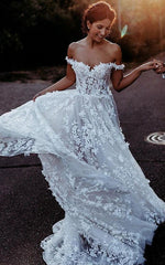 Dress For Wedding Off-the-shoulder Lace Empire Pleated Corset Back Wedding Dress / Dress For Formal