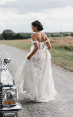 Dress For Wedding Off-the-shoulder Lace Empire Pleated Corset Back Wedding Dress / Dress For Formal