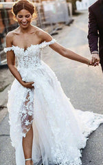 Dress For Wedding Off-the-shoulder Lace Empire Pleated Corset Back Wedding Dress / Dress For Formal