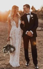 Dress For Wedding Sexy Plunged Sheath Pencil Lace Sleeveless V Back Wedding Dress with Back Slit / Dress For Formal