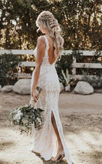 Dress For Wedding Sexy Plunged Sheath Pencil Lace Sleeveless V Back Wedding Dress with Back Slit / Dress For Formal