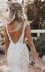 Dress For Wedding Sexy Plunged Sheath Pencil Lace Sleeveless V Back Wedding Dress with Back Slit / Dress For Formal