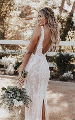 Dress For Wedding Sexy Plunged Sheath Pencil Lace Sleeveless V Back Wedding Dress with Back Slit / Dress For Formal