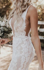 Dress For Wedding Sexy Plunged Sheath Pencil Lace Sleeveless V Back Wedding Dress with Back Slit / Dress For Formal