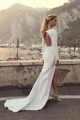 Dress For Wedding Sexy Satin Mermaid Long-Sleeve Front Split Wedding Dress with Beading / Dress For Formal