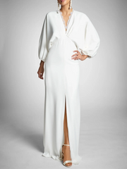 Dress For Wedding Sheath/Column Long Sleeves Plunging V Neck Floor-Length Wedding Dresses Formal Women's Dresses