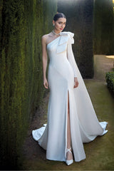 Dress For Wedding Sheer Back One-shoulder Asymmetric Neck Mermaid With Big Bow Side Cape Wedding Dress Formal Women's Dresses