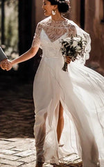 Dress For Wedding Simple Destination Front Split Chiffon Wedding Dress With Lace Cape Dress For Formal