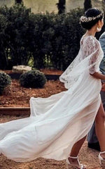 Dress For Wedding Simple Destination Front Split Chiffon Wedding Dress With Lace Cape Dress For Formal