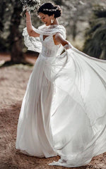 Dress For Wedding Simple Destination Front Split Chiffon Wedding Dress With Lace Cape Dress For Formal