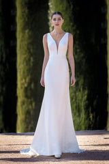 Dress For Wedding Sleeveless Mermaid Plunging V Neck Sheer Embroidered Back Wedding Dress Formal Women's Dresses