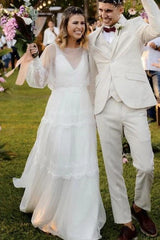 Dress For Wedding Tulle Floor-length Chapel Train A Line Long Sleeve Modest Ethereal Wedding Dress  Dress For Formal